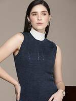 French Connection  Women Self Design Round Neck Blue Sweater