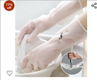 wolpin Cleaning Gloves Hand Gloves for Dishwashing Skin-friendly Reusable PVC Heavy Duty Gardening, Anti-slip Kitchen, Pet Grooming, Car Washing, Bathroom Cleaning, Painting (Flamingo, 1 Pair Gloves)