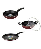 HOMETALES Non-Stick Cookware Set of 4, 23cm Kadai (2200ml), 23cm Frypan (1400ml), Flat Tawa (25cm) & Glass Lid, Induction Compatible, 2.5mm Thickness