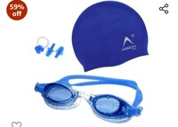 ArrowMax 100% Silicone Anti Fog Swimming Goggles,Cap,Earplug & Noseplug Set- Ideal for All Age Group | Silicone Non Slip | Easy to Carry and Skin Friendly- by Arrowmax (Blue) 