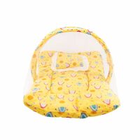 Bumtum Baby Bed, Mosquito Net & Neck Pillow, Baby Gadda Set for New Born, 0-6 Month, Printed Baby Bedding, Baby Sun Sleeping Bed of 71cm x 47cm x 5cm, Light Yellow, Cotton, Free Size