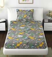 Grey Animal Printed 144 TC Polyester Kids Single Bedsheet With 1 Pillow Cover,