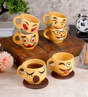 Yellow 100 Ml Ceramic Emoji 6 Pcs Tea Cup, By Cdi
