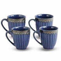 AZURE Bhumija Earth Collection Ceramic Mugs to Gift to Best Friend Tea Coffee Milk Mugs Microwave Safe, Tea Cups, Set of 4, 300 ml Capacity, Dark Blue Colour