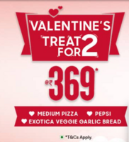 Pizza Hut Valentines Day Special-Get a Medium Pizza + Pepsi + Exotica Veggie Garlic Bread @ ₹369 – Valentine’s Treat for 2