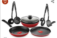 Pigeon by Stovekraft Mio Nonstick Aluminium Cookware Gift Set, Includes Nonstick Flat Tawa, Nonstick Fry Pan, Kitchen Tool Set, Kadai with Glass Lid, 8 Pieces Non-Induction Base Kitchen Set - Red