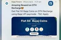 Bajaj Flat 50 coins on DTH recharge Min Rs 100 twice per user using bajaj UPI mode