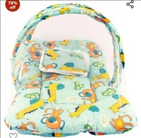 Bumtum Baby Bed, Mosquito Net & Neck Pillow, Baby Gadda Set for New Born, 0-6 Month, Printed Baby Bedding, Baby Teddy Girrafe Sleeping Bed of 71cm x 47cm x 5cm, Sea Blue, Cotton, Free Size