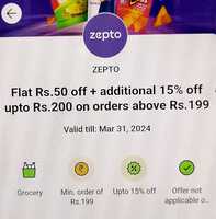 Zepto: Get 50 rs off + extra 15% upto 200 on MOV 199 (may be used specific)