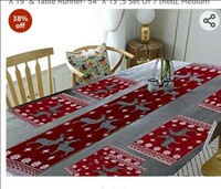 WISH CART HOME Export Quality Jacquard Cotton Dining Table Mats With Runner (1 Runner And 6 Mats) Mats- 12.5" X 19" & Table Runner- 54" X 13",5 Set Of 7 (Red), Medium 