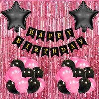Flyloons Birthday Decoration Items for Girls Boys with Black and Pink theme Metallic Balloons, Black Star Foil Balloons, Pink Foil Curtain, Pink Banner
