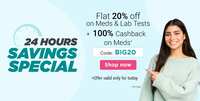 BIG20 : Flat 20% Off on Medicines + 100% Cashback | Netmeds Offer