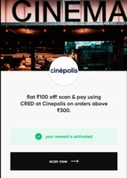 Cred Jackpot | Flat ₹100 off on Scan & Pay using CRED at Cinepolis above order ₹300
