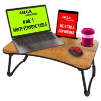 Gizga Essentials Foldable Laptop and Study Table for Student and Kids with Cup, Tablet and Mac Holder |Office Table | Bed Table| Breakfast Table, Portable/Ergonomic & Round Edges/Non-Slip Legs, Tan