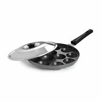 CELLOAppam Patra with Stainless Steel Lid Non-Stick Heavy Duty Aluminium 25 cm, 12 Cavity | Single Handle with SS Lid | Appam Maker | Appam Patra | Appam pan | Litti Maker | Black