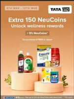 Tata Neu x 1mg Offer - Get Rs.150 extra neu coins  on Min Rs.600 [ 4-10 March]