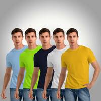 CONTENO  Pack of 5 Men Solid Round Neck Polyester Light Blue, Green, Navy Blue, White, Yellow T-Shirt