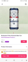 Budweiser non alcoholic can at Rs.8 for 330ml
