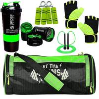 5 O'CLOCK Sports Green Gym Essentials Combo: Polyester Gym Bag with Shoe Compartment, Gym Gloves, 500ml Shaker Bottle, Skipping Rope, and Foam Hand Gripper - Complete Gym Kit for Men and Women