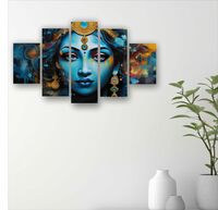 SAF krishna Paintings for Living Room | Painting for Wall Decoration | 3D Wall Art for Bedroom | Kanha Religious Wall Painting Set of 5 (75 x 45 cms) SANFPNLS35520