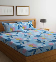 Aqua Floral 144 TC Poly Cotton Double Bedsheet With 2 Pillow Cover, By ERIC LONDON
