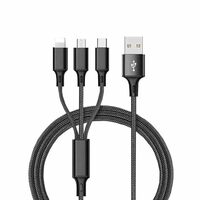 VEROX 3.1 Amp 3 in 1 Nylon Braided Fast Charging Multi Charger Cable for Micro USB, Type C and iPhone iOS Devices Connector (1 M, Black)