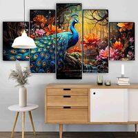 SAF Peacock Paintings for Wall Decoration - Set Of Five, 3d Scenery Vastu Painting for Living Room Large Size with Frames for Home Decoration, Hotel, Office 76.2 cm x 45 cm SANFPNLS35471