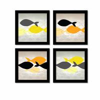 Painting Mantra Abstract Fish Multicolor Framed Painting/Posters for Room Decoration, Set of 4 Black Frame Art Prints/Posters for Living Room (4 Unit, 9 x 9 Inches)