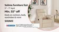 Solimo Furniture Fest -  Min 55% off on Recliners Beds Wardrobes & More + Bank Offers 