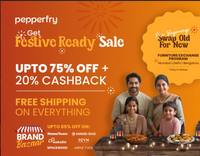  Pepperfry Festival Ready Sale - Upto 75% Off + 20% cashback + Free Shipping