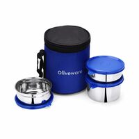 oliveware Lovely Stylo Lunch Box, Leak Proof & BPA Free Lid, 3 Stainless Steel Containers (250ml, 250ml & 500ml), Fabric Jacket - Blue