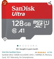 SanDisk Ultra 128GB microSDXC UHS-I, 140MB/s R, Memory Card, 10 Y Warranty, for Smartphones 