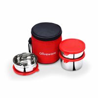 oliveware Lovely Stylo Lunch Box, Leak Proof & BPA Free Lid, 3 Stainless Steel Containers (2x290ml & 500ml), Fabric Jacket - Red