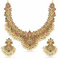 Shining Diva Fashion Pearl Choker Traditional Temple Necklace Jewellery Set for Women (14822s) (Golden) 