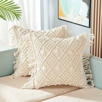 ACN Kohinoor | Macrame Cushion Cover 16 x 16 inch Handmade Soft Boho Cotton Pillow Case for Sofa Set Bed Living Room Bedroom in Premium Canvas Fabric with Back Zipper, Off-White, 1-Piece