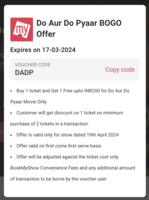 BookMyShow Buy 1 get 1 Ticket Free For ''Do Aur Do Pyaar" Movie