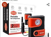Woscher 1610 Portable Mini Tyre Inflator with Storage Bag, Car Tyre Inflator Pump with Large Analogue Display & Built-in LED Light, 12V DC 100 PSI Tyre Air Pump for Bike, Cycle, Scooter & Car, Black