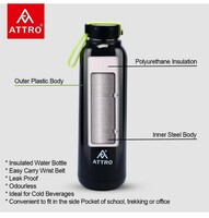 Attro Trends 900 Pu Insulated 700ml Water Bottle with Inner Stainless Steel Easy to Carry with Nylon Strap BPA Free, Food Grade Ideal for School, Office & Outdoor- Black 