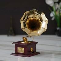 Fashion Bizz Antique Handmade Vintage Dummy Gramophone Decorative Showpiece - 23 cm (Brass, Wood, Gold)