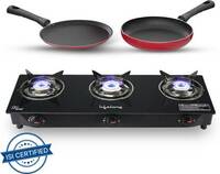 Lifelong LLCMBGS03 Combo - Cooktop + Flat tawa + Fry Pan Top Glass Manual Gas Stove (3 Burners)