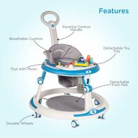 Mee Mee 360° Baby Activity Walker | 7 Level Adjustable Height, Musical Detachable Toy Bar & Light | Parental Push Handle, Anti-Rollover Folding Walker for Boys, Girls, Kids | 6-18 Months, 15kg (Blue)