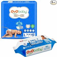 OYO BABY Diapers | Long Lasting Dry Night & Comfortable Sleep Style Diaper Pants, Size 9-14 kg baby 42 Count (Pack of 1), & OYO BABY Soft Cleaning with Aloe Vera Baby Wipes Lids 72 Counts (Combo Pack)