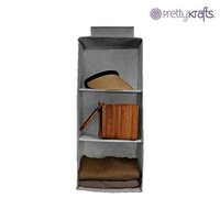 PrettyKrafts 3 Tiers Clothes Hanging Organizer/Wall Mount Storage with Clear Windows and 1 Velcro Loop/Non-Woven Fabric Wall Closet Organizer for Bedroom Wardrobe, Garments, Shoes, Hanger Bag/Grey