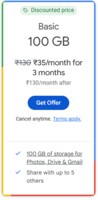 Google Drive 100GB storage at Just Rs 35/ Month for 3 months