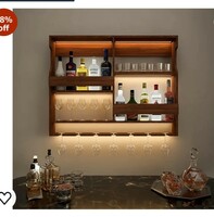 ODEJIA Wooden Wall Mounted Wine Rack, Bar Cabinet with Glass Storage, Wall Hanging Mini Bar for Home Wine Rack/Holder Upside Down Glass Hanging Organizer Size 30 x 24 Inch (Rosewood) (Natural)