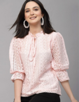 Style Quotient Self Design Tie-Up Neck Puff Sleeve Cotton Top