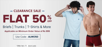 Almo Clearance Sale: Flat 50% Off on Briefs, Trunks, T-Shirts & More - Applicable on orders Above Rs.999 