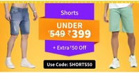 Men's Shorts under Rs.399 + Extra Rs.50 Off via Coupon [Valid Till 2pm]