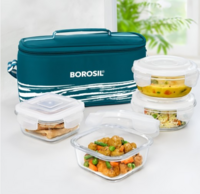 BOROSIL 4 Pieces Teal Blue & Transparent Glass Lunch Box With Bag