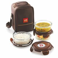 Cello Maxfresh Glassy Seal O Fresh Glass Lunch Box Set of 3 Containers, 350ml Each, Brown | Microwavable Borosilicate Glass | Leak Proof Design | Ideal for College, Travel, Office